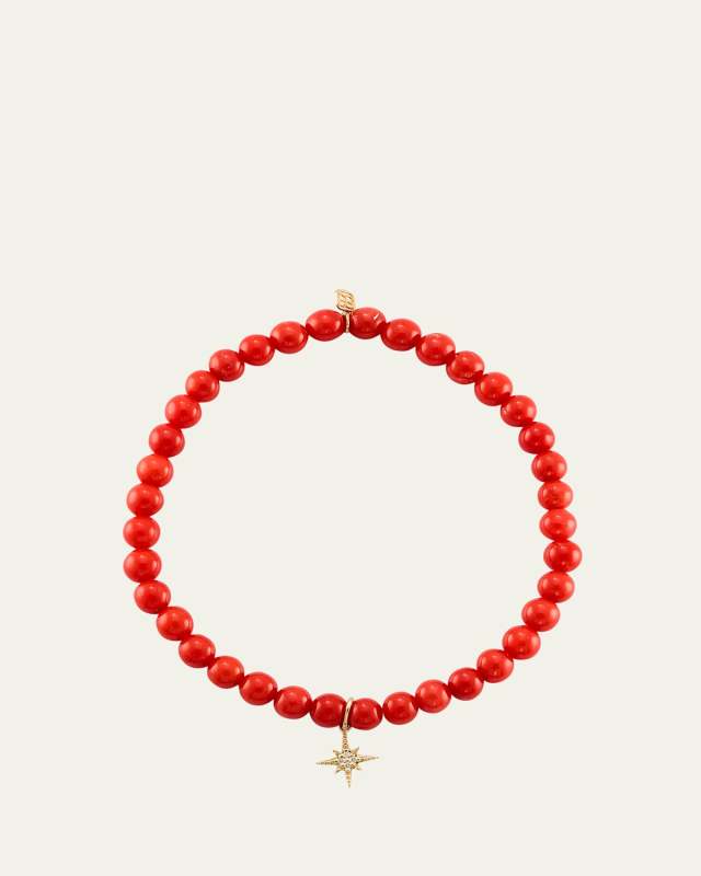 14K Gold & Diamond Pave Starburst Charm on Coral Beaded Bracelet
